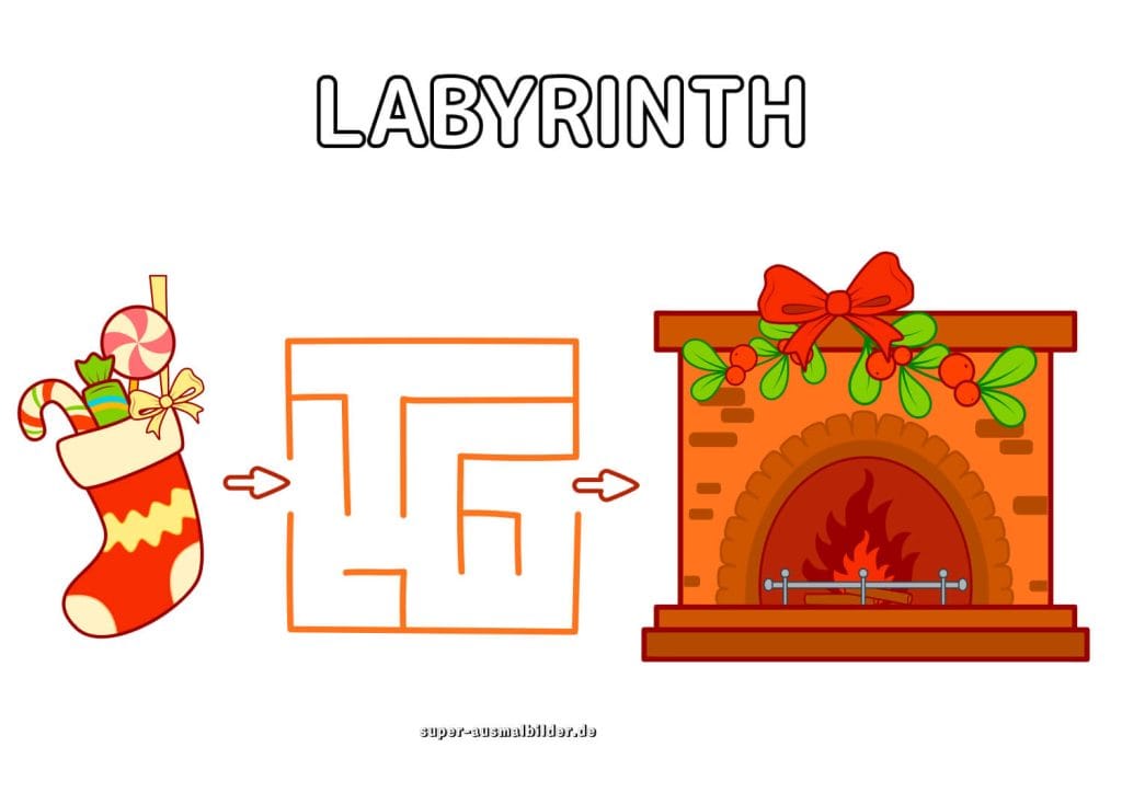 Weihnachtsstrumpf und Kamin Labyrinth festliches Weihnachtslabyrinth kostenlos