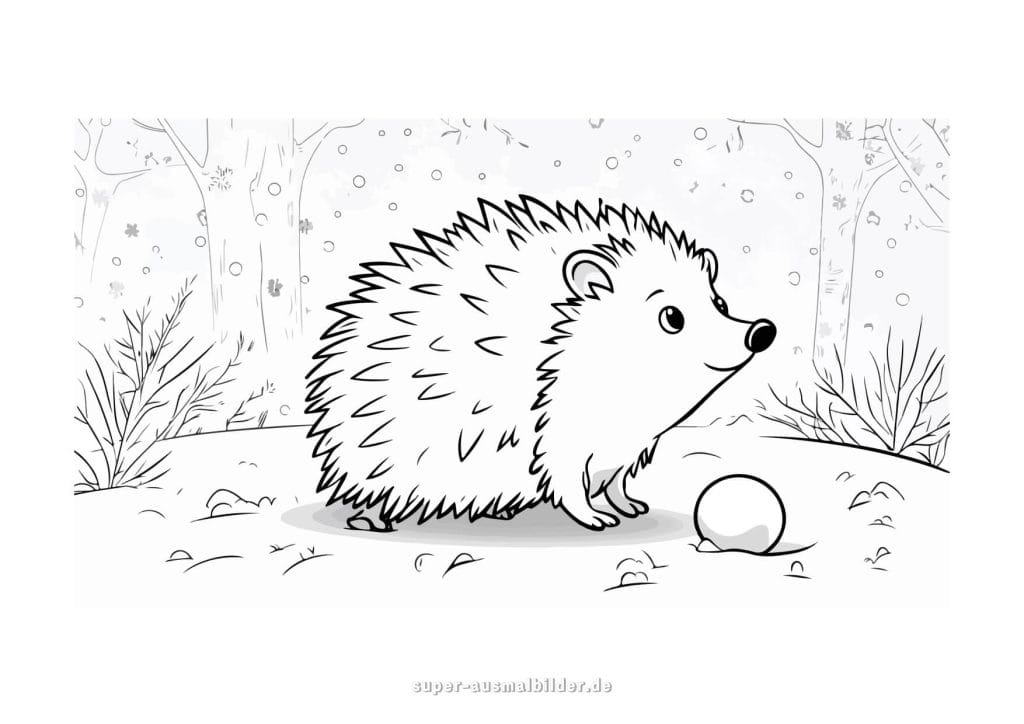 Winter Igel Malvorlage – kleiner Igel im Schnee, süße und einfache Ausmalvorlage für Kinder zum kostenlosen Ausdrucken
