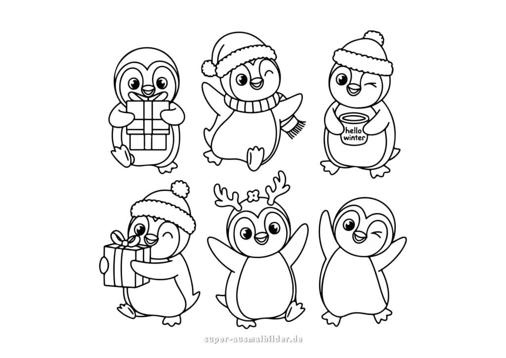 Winter Pinguine – Sammlung von sechs niedlichen Ausmalbildern mit Mütze, Schal und Weihnachtsmotiven
