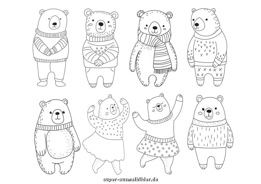 Winterbären. Acht süße Bären in Pullovern und Kleidern gratis Ausmalvorlagen zum Drucken