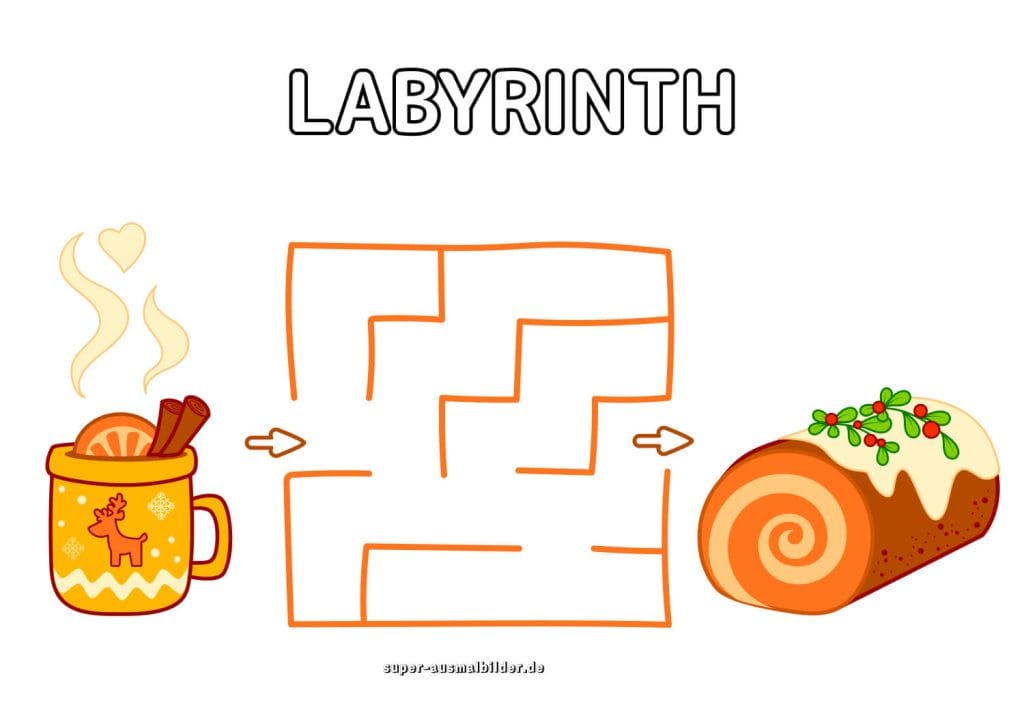 Wintergetränk und Kuchen Labyrinth Weihnachtslabyrinth zum Ausdrucken und Lernen