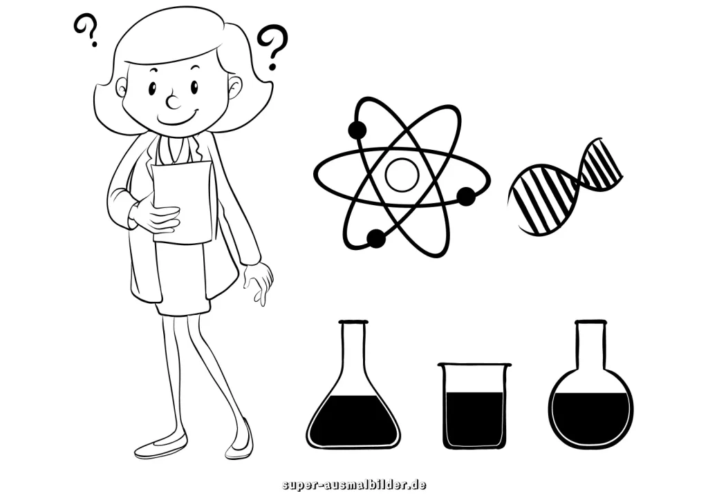 Wissenschaftlerin Malvorlage Forscherin mit Laborgeräten, Atom und DNA, gratis Ausmalbild für Kinder