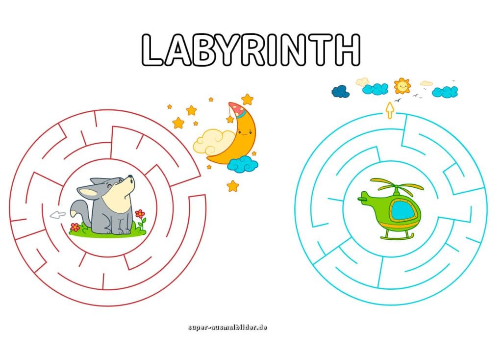 Wolf und Hubschrauber Labyrinth süße Labyrinthbilder für Kinder kostenlos ausdrucken