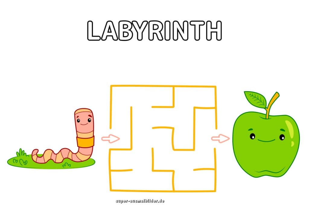 Wurm und Apfel Labyrinth Obst Labyrinth für Kinder zum Lernen und Drucken