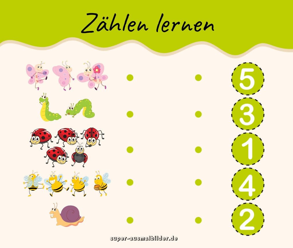 Zahlen lernen mit Krabbeltieren Raupen, Bienen und Schmetterlinge kostenlos drucken