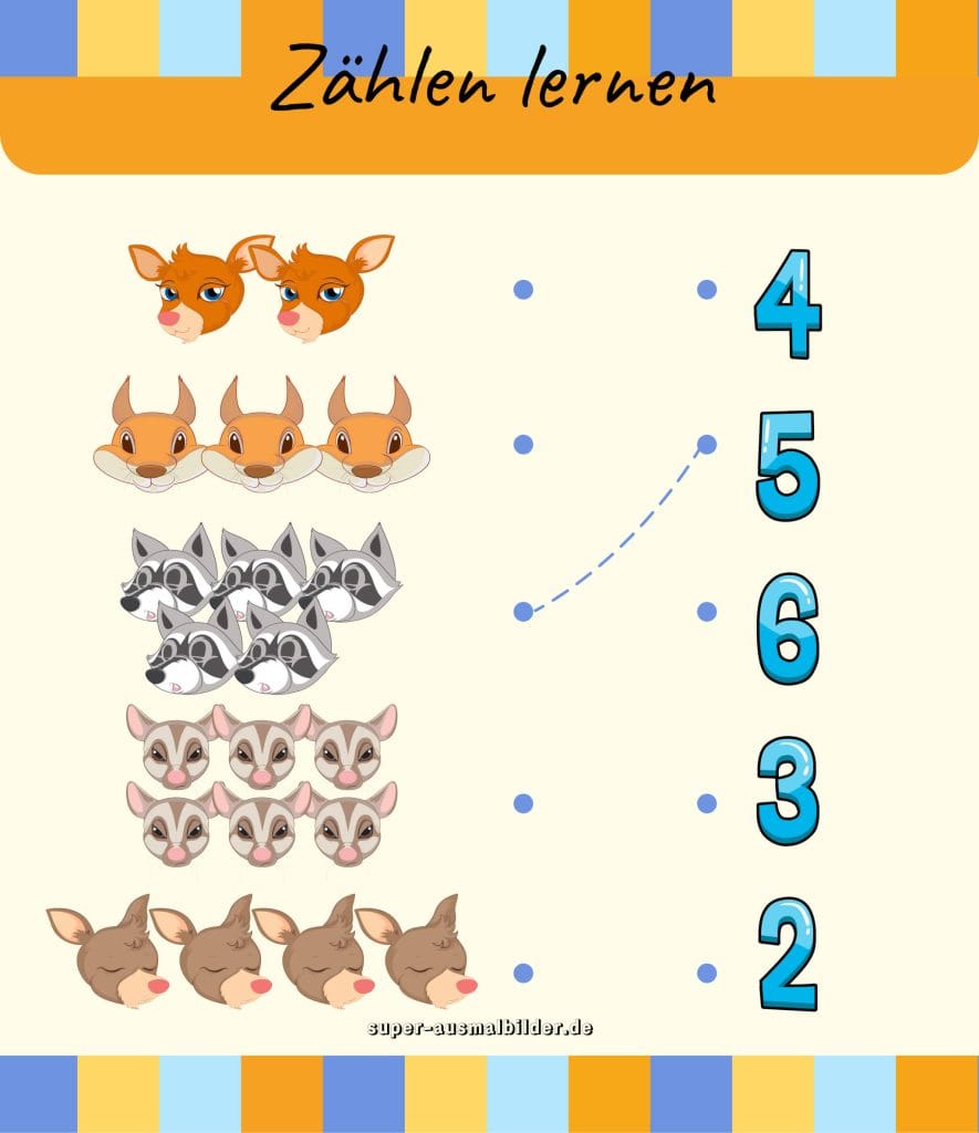 Zahlen lernen mit Waldtieren Rehe, Eichhörnchen und Waschbären gratis drucken