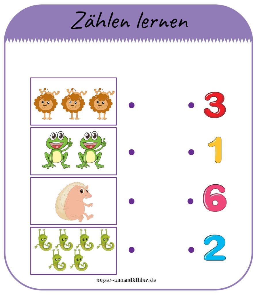 Zählen lernen Arbeitsblatt Frösche, Löwen und Echsen zählen kostenlos herunterladen