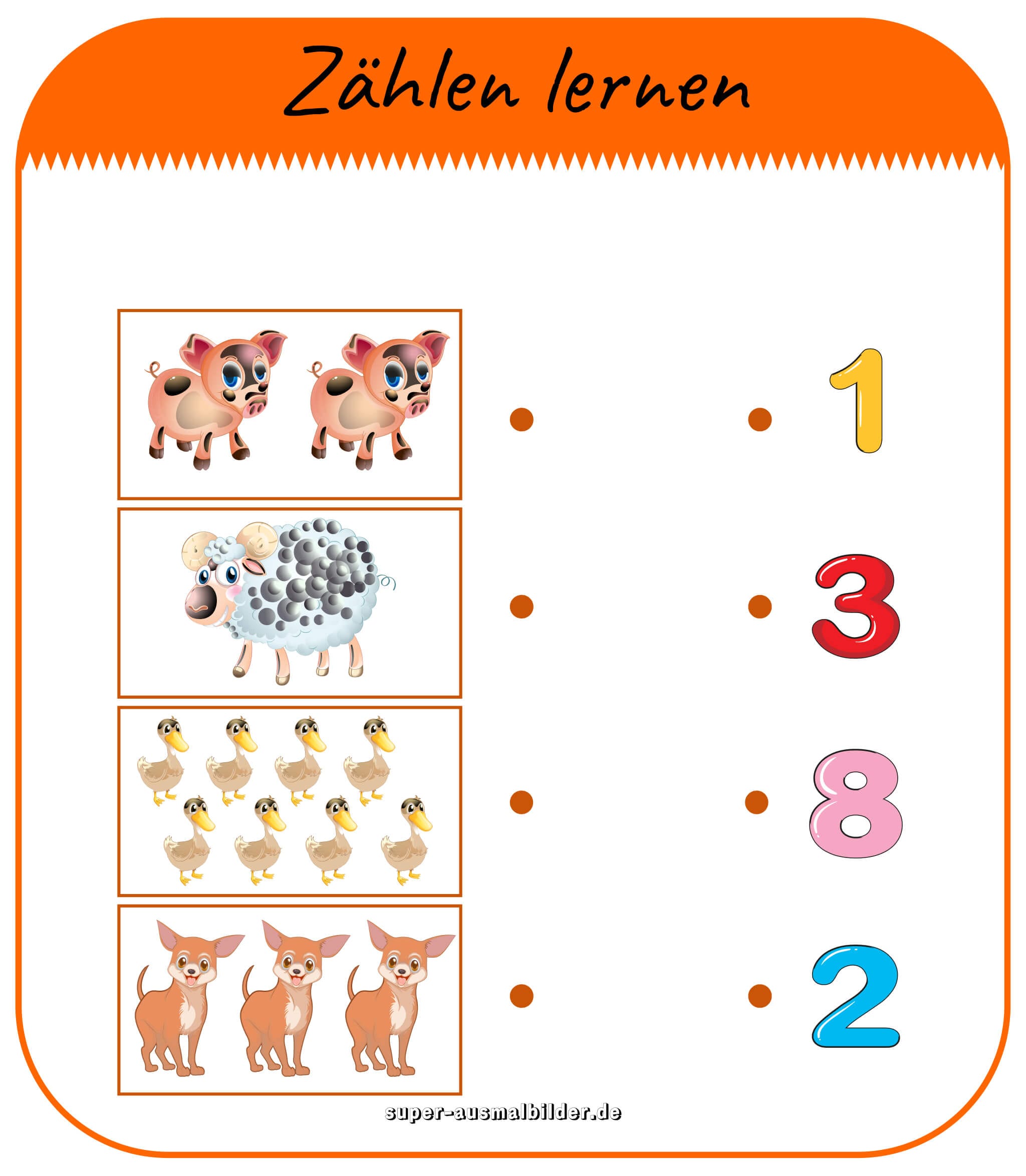 Zählen lernen Vorlage Tiere zählen und passende Zahlen finden, gratis Download