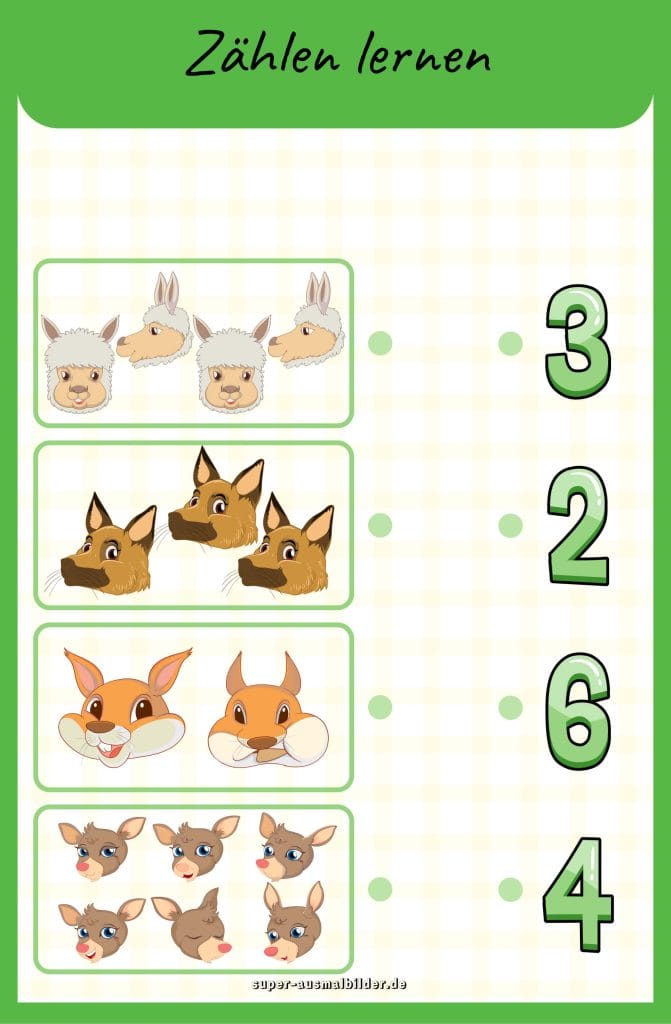Zählen lernen mit Tierköpfen Hunde, Rehe und Eichhörnchen gratis Arbeitsblatt