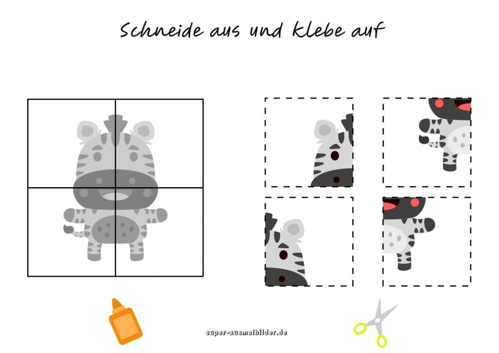 Zebra Bastelvorlage zum Ausschneiden Kostenlose Schneideübung für Kinder im Vorschulalter zum Ausdrucken