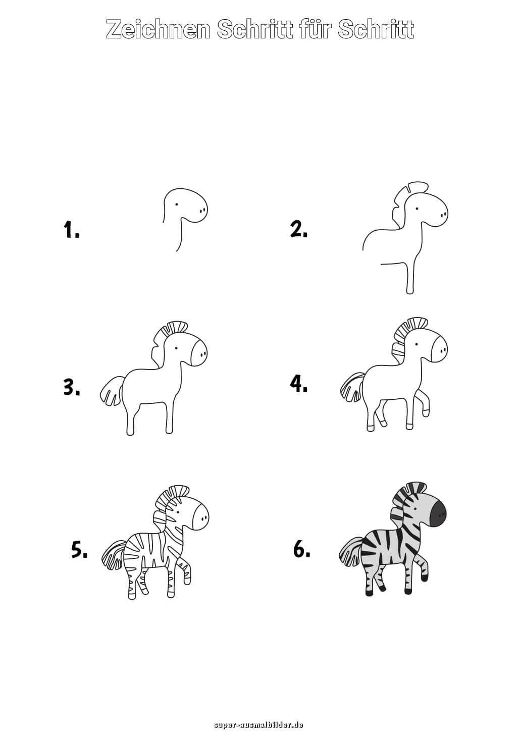 Zebra zeichnen Schritt für Schritt – einfache Anleitung für Kinder mit süßer kleiner Zebrafigur