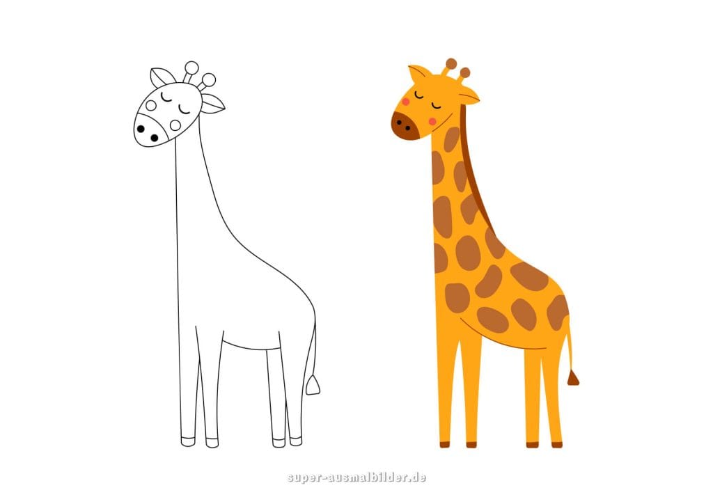 Zwei Giraffen Ausmalbild – eine farbige und eine schwarz weiße Giraffe nebeneinander, kreative Malvorlage für Kinder zum Ausdrucken