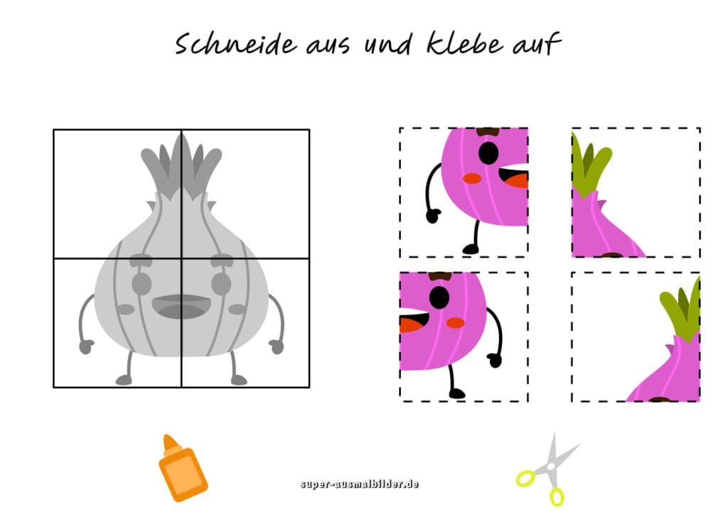 Zwiebel Ausschneideaufgabe Lustiges Gemüse ausschneiden und aufkleben, kostenloses Bastelblatt für Kinder